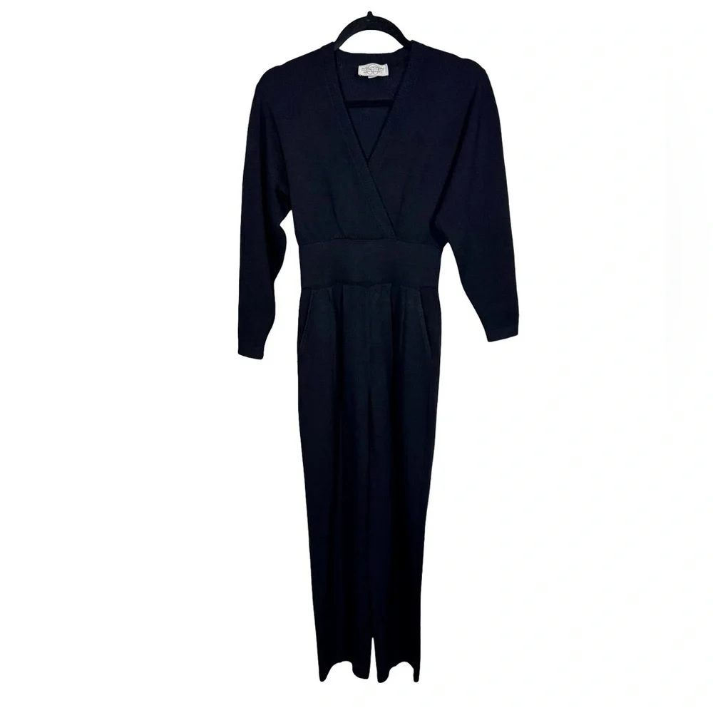St. John Sportswear Vintage Santana Knit Surplice Pleated Jumpsuit in Black
